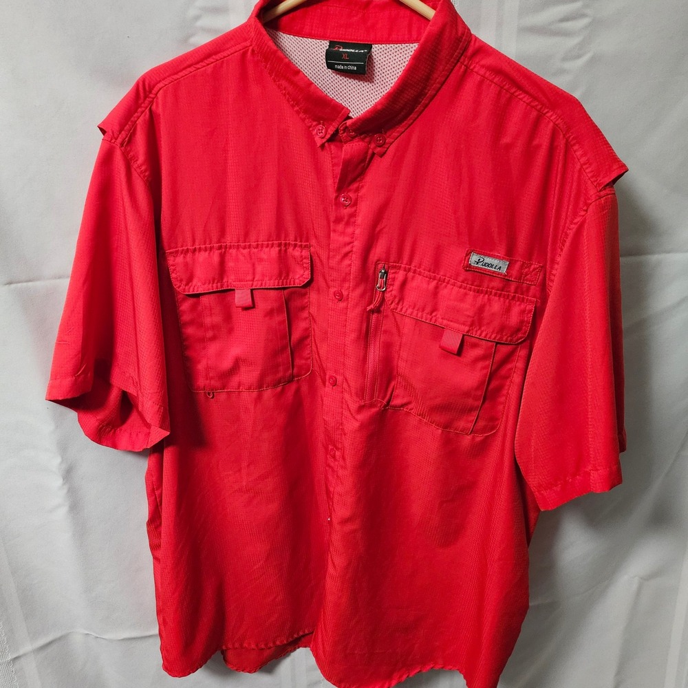 Pudolla Fishing Shirt Mens XL Red Short Sleeve Ripstop Button Down Outdoor Vent